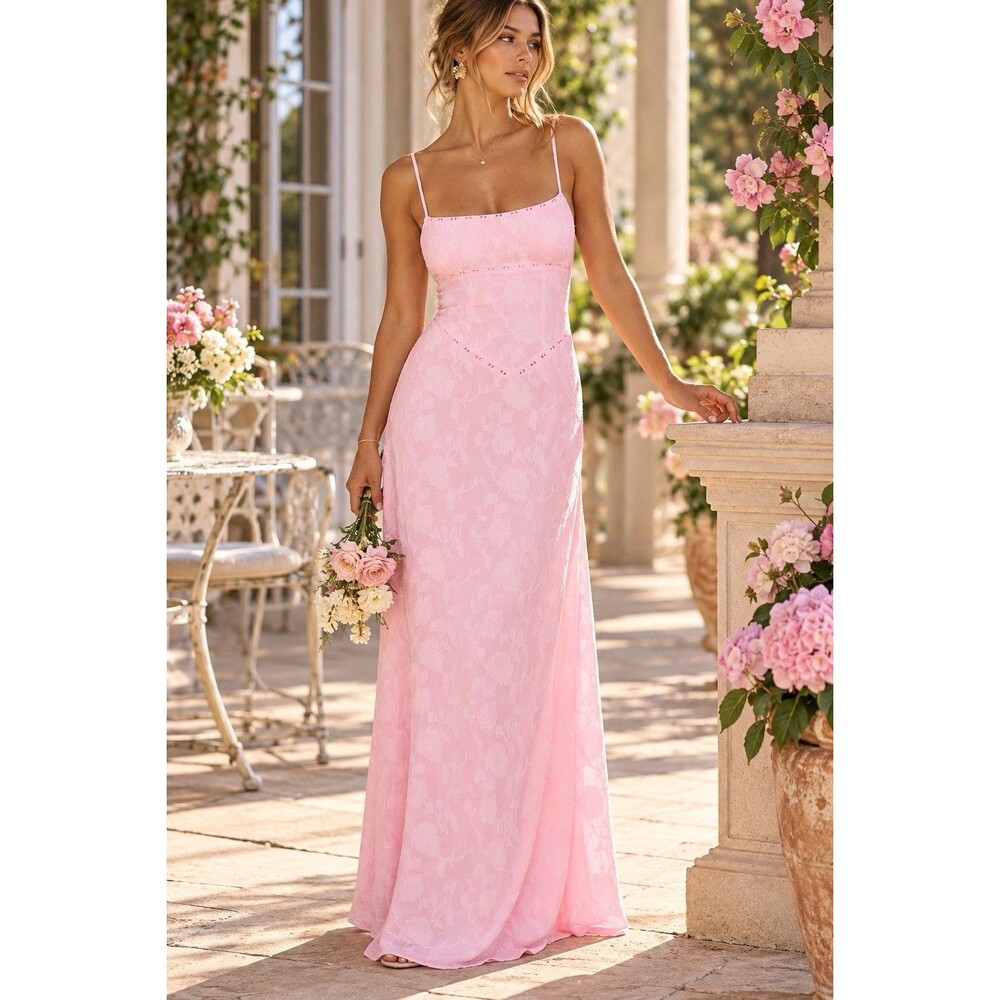 Princess Polly South Of France Pink Floral Lace Up Maxi Dress US 4 Coquette nwt